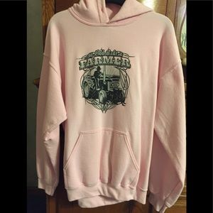 Pink hooded sweatshirt.